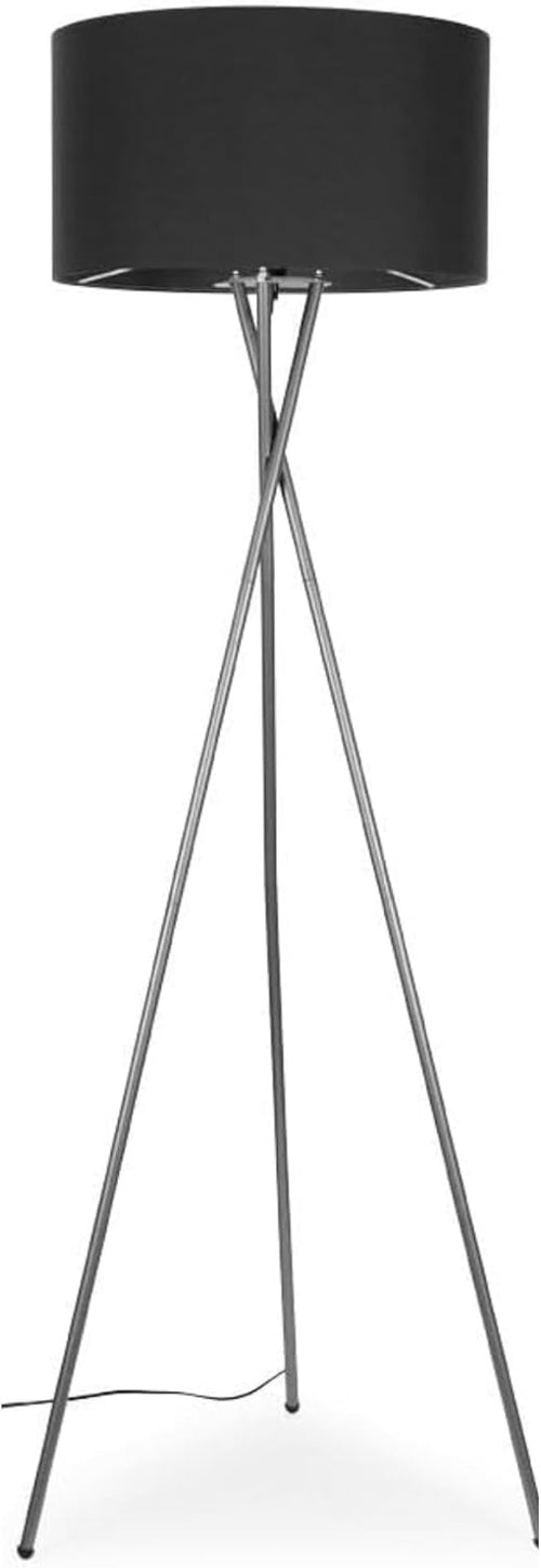 Modern Chrome Tripod Floor Lamp Dark Grey Shade Tall Living Room Light
