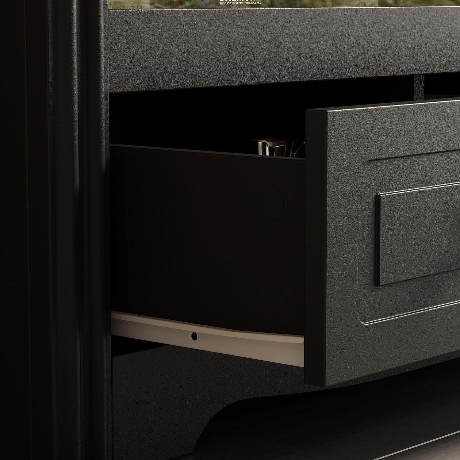 Black Wine Bar Cabinet with Glass Doors & Drawers, Modern Drinks Storage Unit