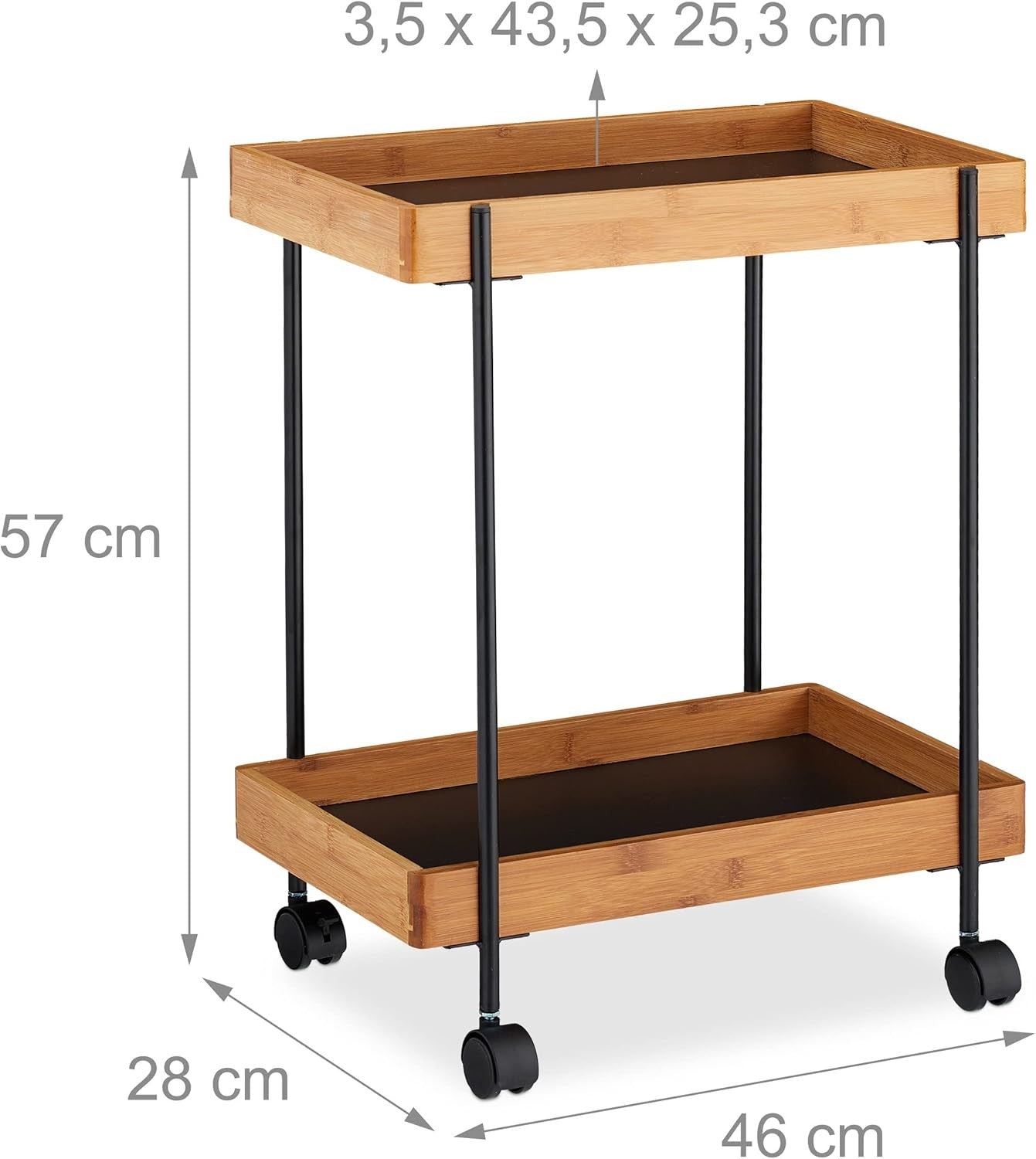 2 Tier Serving Trolley on Wheels Bamboo Tea Cart Side Table Lockable Castors