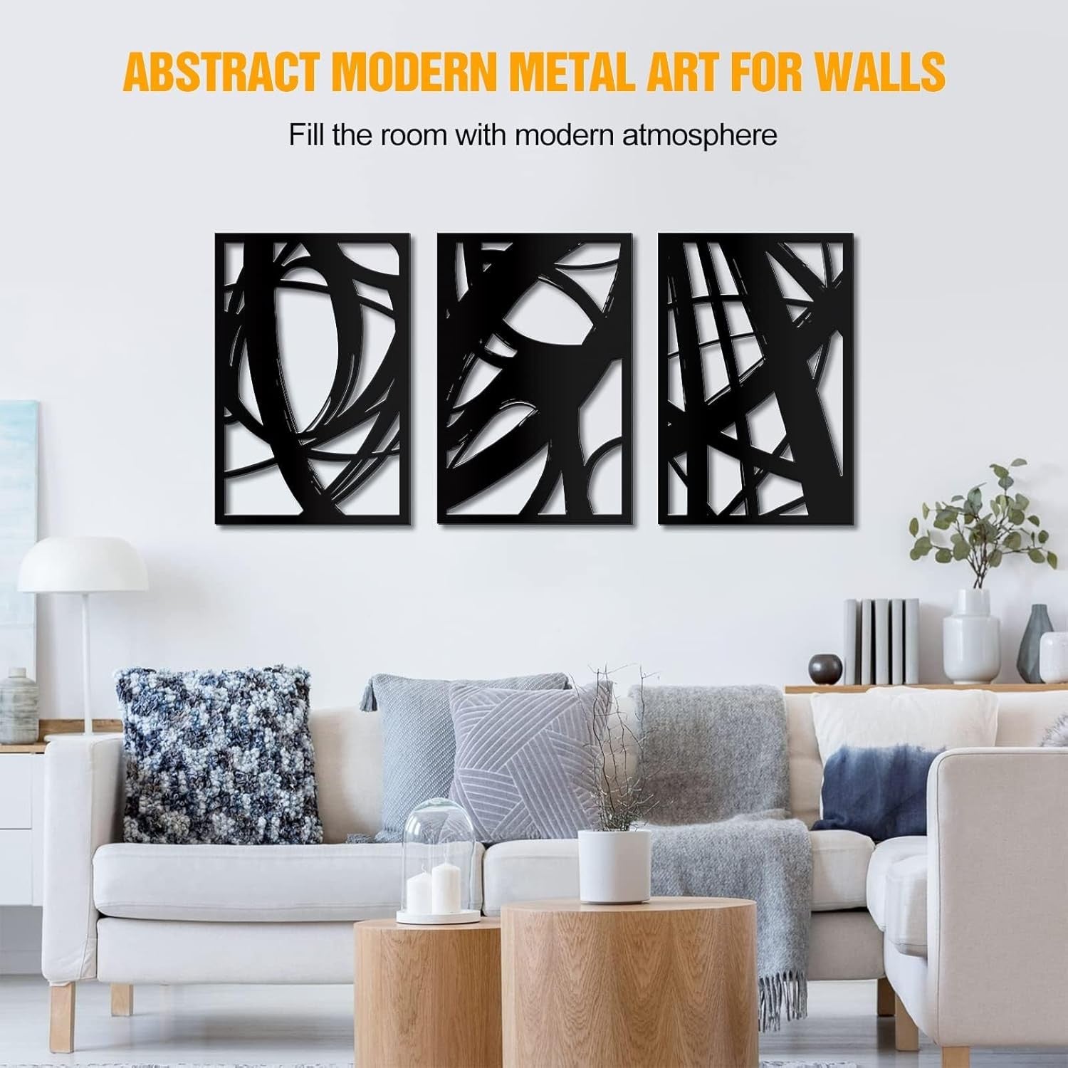 Large Abstract Metal Wall Art Set 3 Black 23x15in Modern Decor