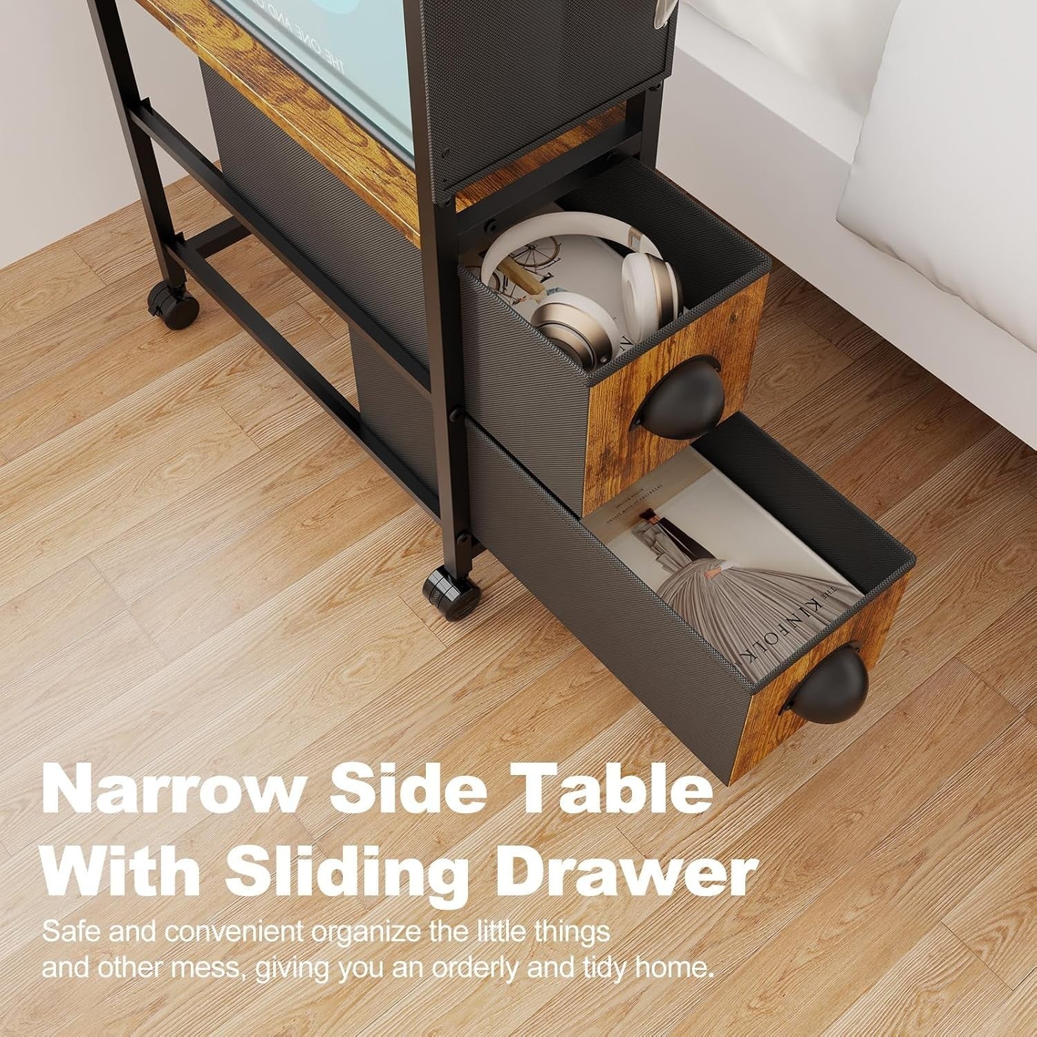 Retro Black Narrow Side Table 42x20x80 cm | Slim Nightstand w/ Drawers & Storage