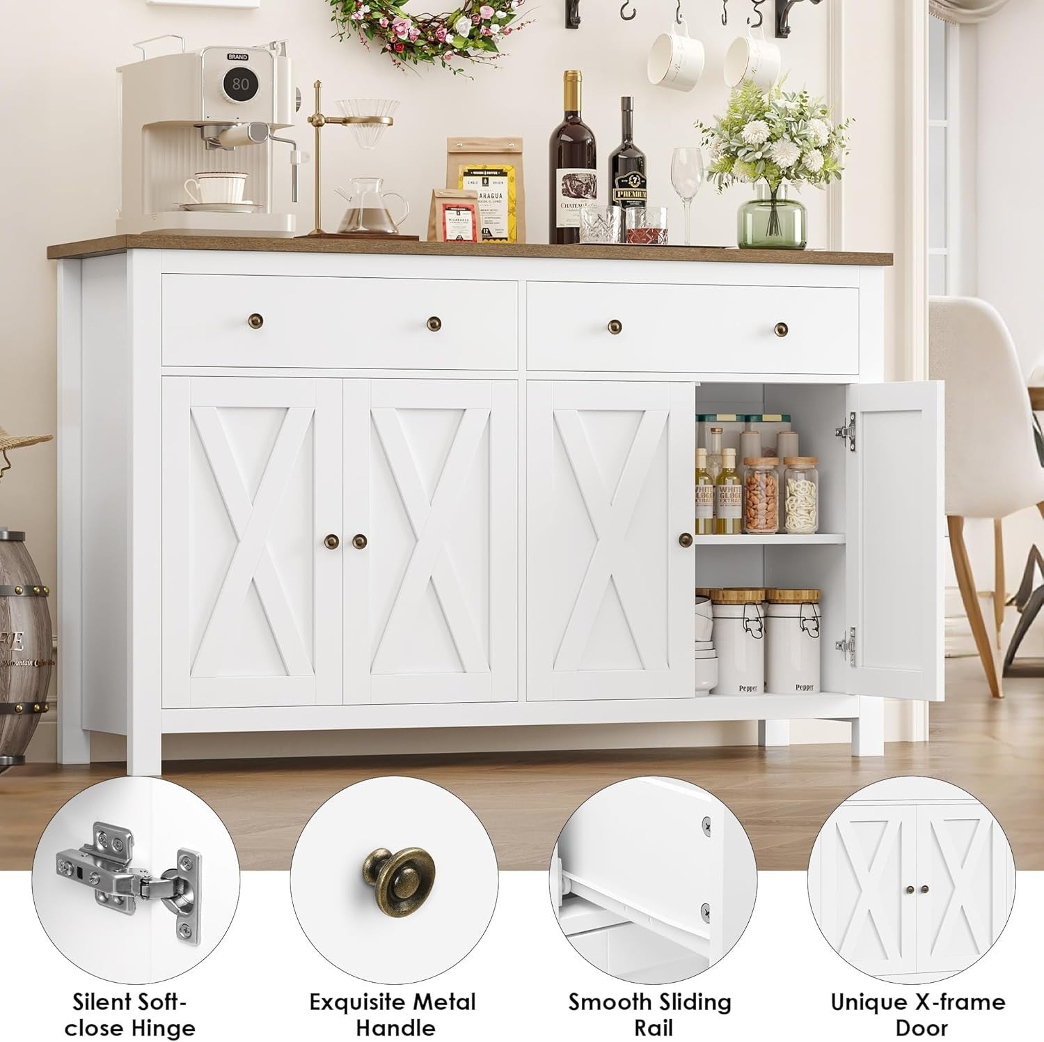 White Kitchen Sideboard Cabinet 3 Doors 2 Drawers Adjustable Shelves Large