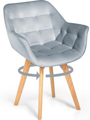 Grey Velvet Swivel Armchair Tub Chair Wooden Legs