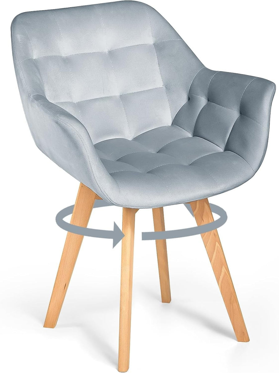 Grey Velvet Swivel Armchair Tub Chair Wooden Legs