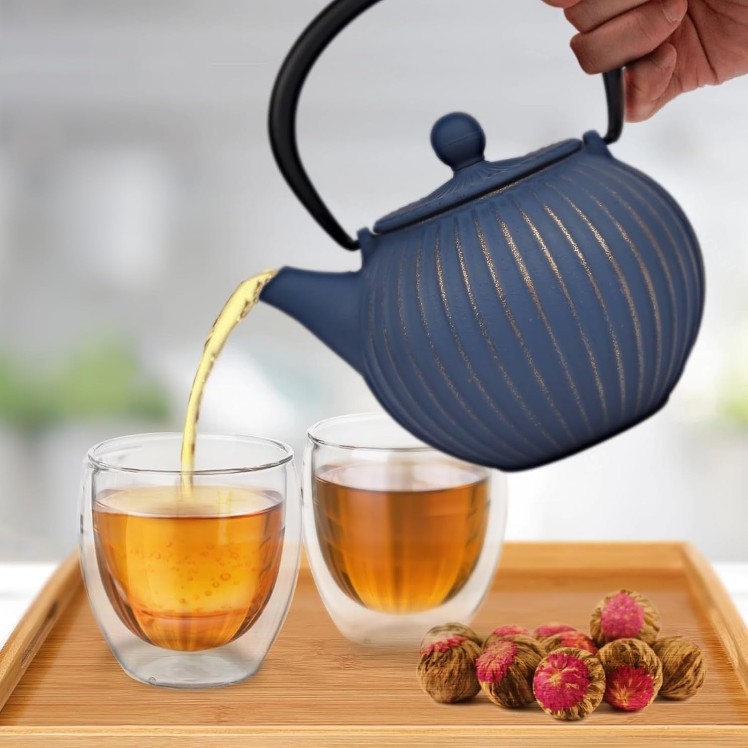 Cast Iron Teapot 500ml Tea Pot w/ Infuser Blue Gold Tetsubin Style