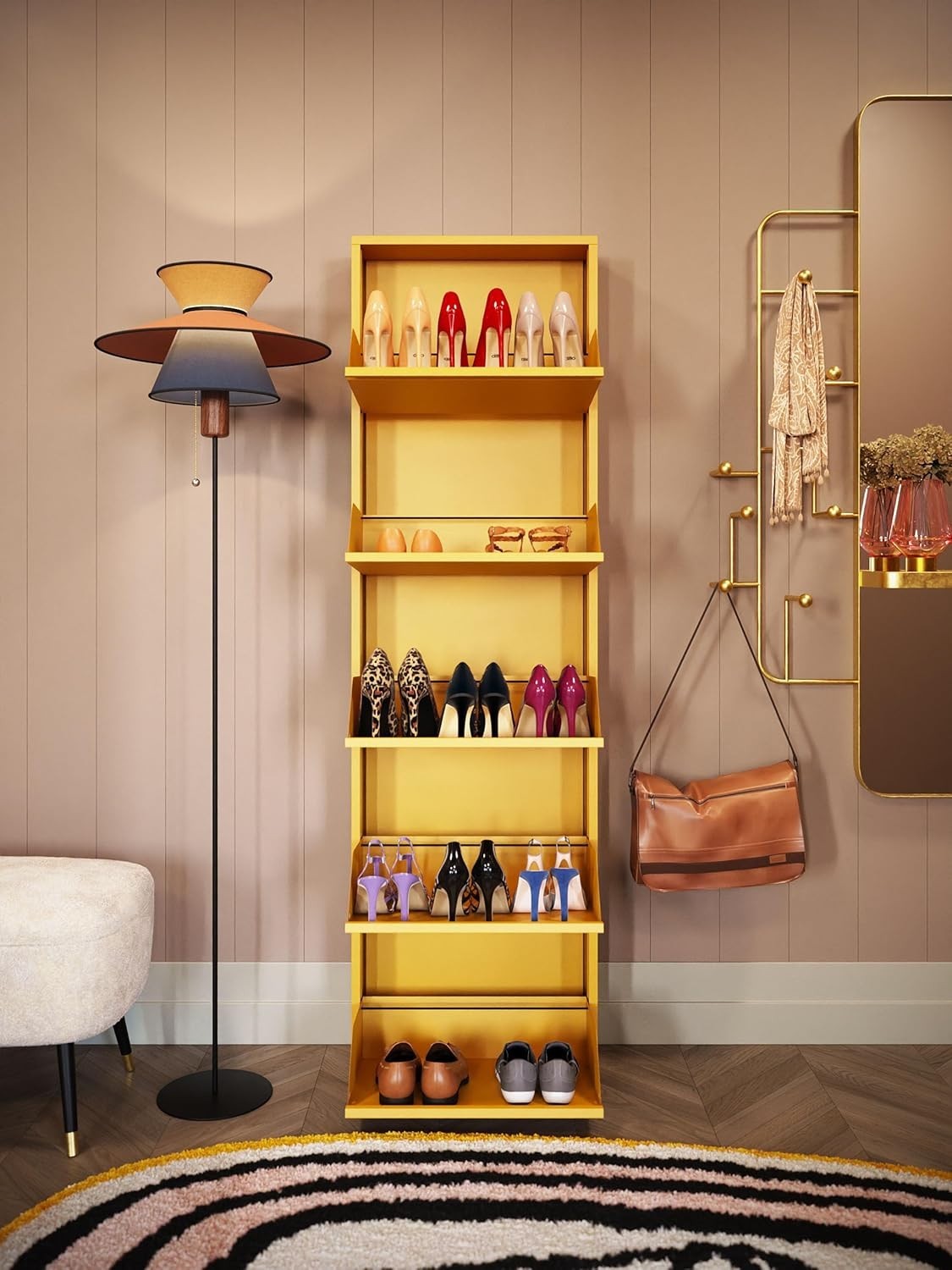 Slim 5-Drawer Shoe Cabinet Yellow– Space-Saving Metal Tilt Rack 170x50x15cm