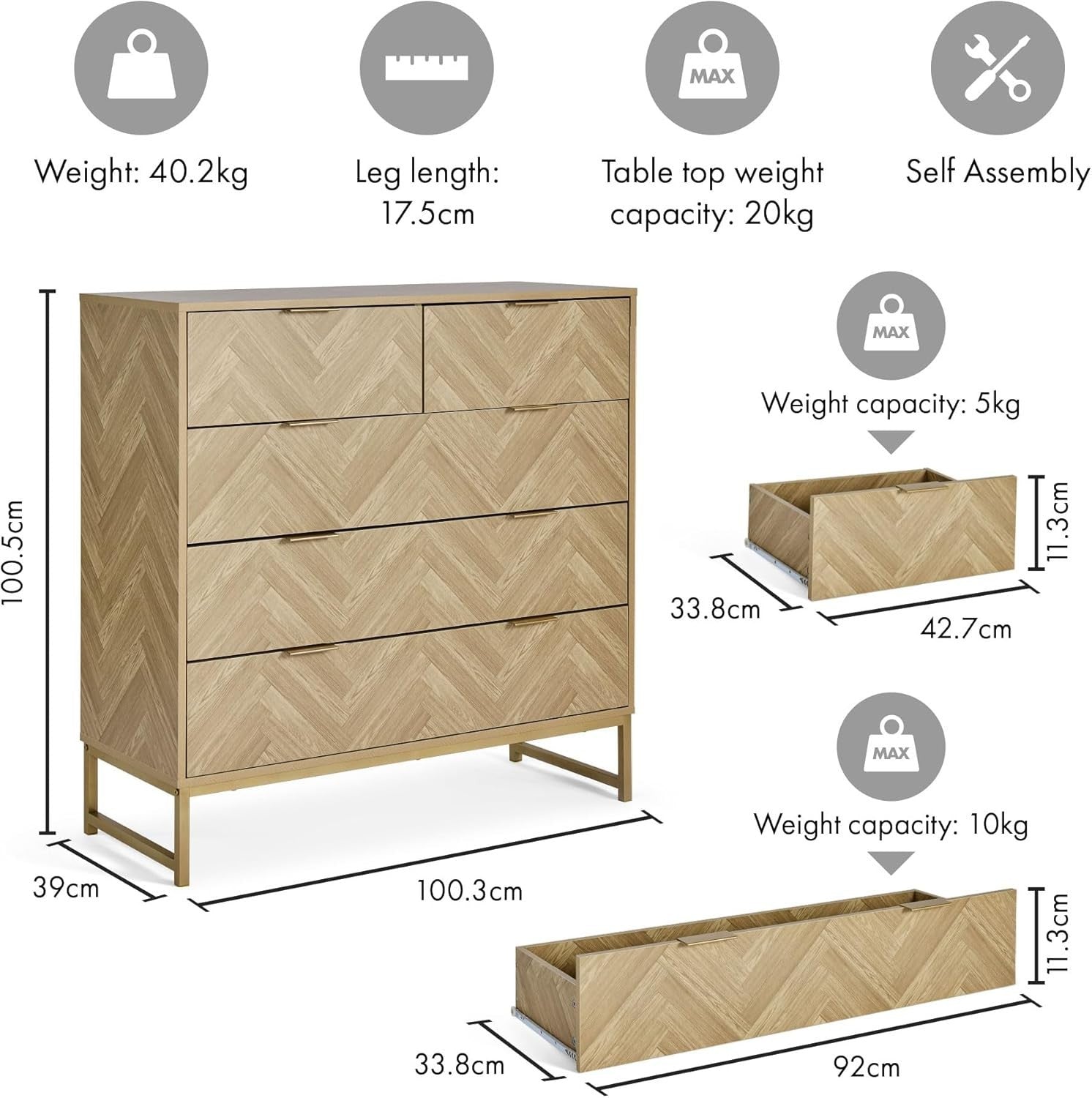 Herringbone 5 Drawer Bedroom Dresser Scandi Wood Effect Storage Cabinet