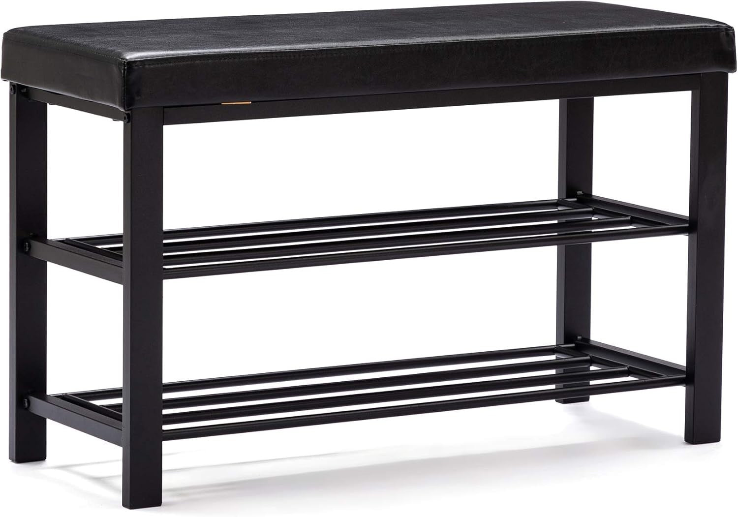 Black Faux Leather Shoe Storage Bench – 3-Tier Industrial Entryway Seat