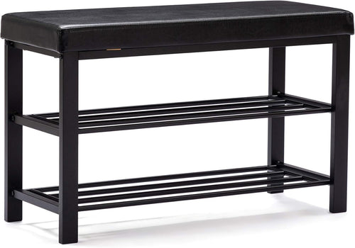Black Faux Leather Shoe Storage Bench – 3-Tier Industrial Entryway Seat