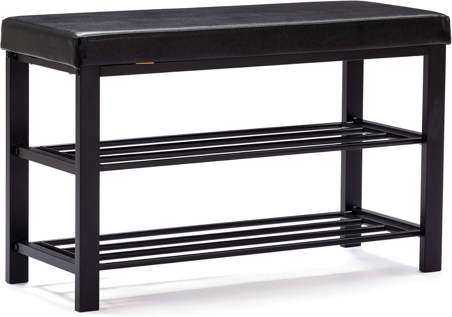 Black Faux Leather Shoe Storage Bench – 3-Tier Industrial Entryway Seat