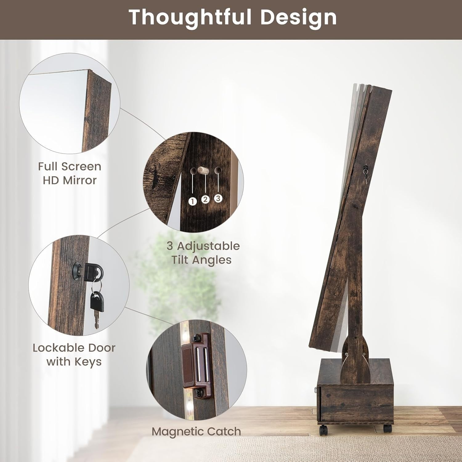 Rustic Brown LED Jewelry Armoire Lockable Mirror Cabinet with Wheels