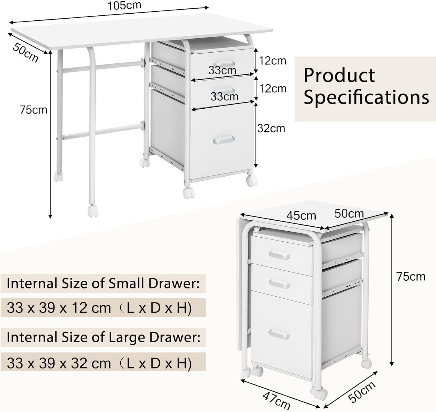 Folding Computer Desk with Wheels & Drawers 105x50x75cm, White
