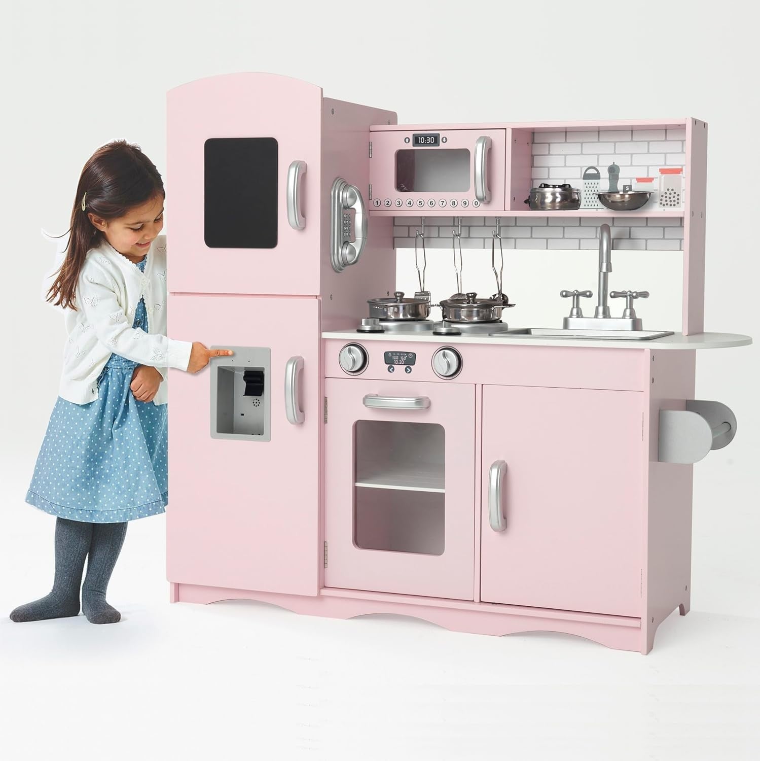 Large Wooden Kids Play Kitchen Pink Toy Set Lights Sounds Accessories