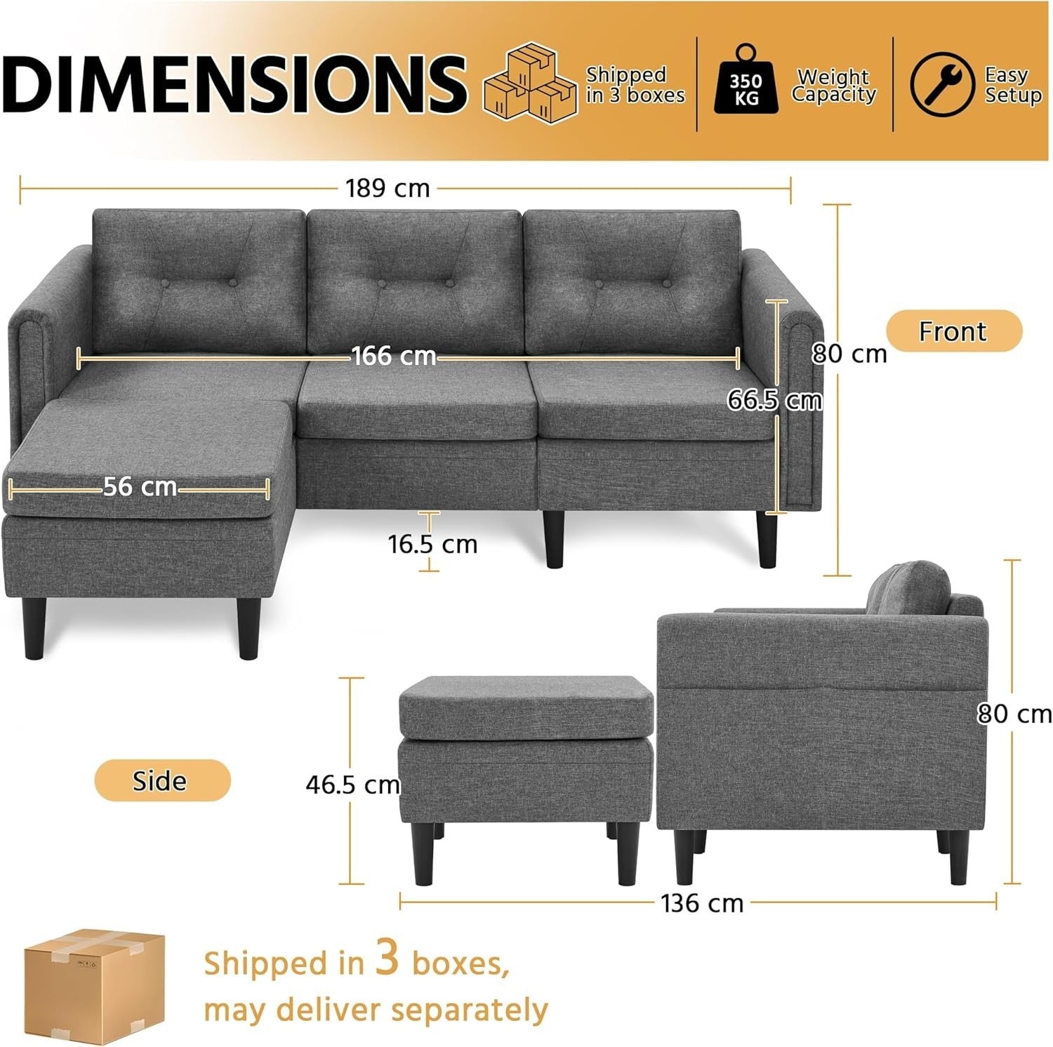 Light Gray L-Shaped Corner Sofa with Ottoman 3-Seater Chaise for Small Spaces