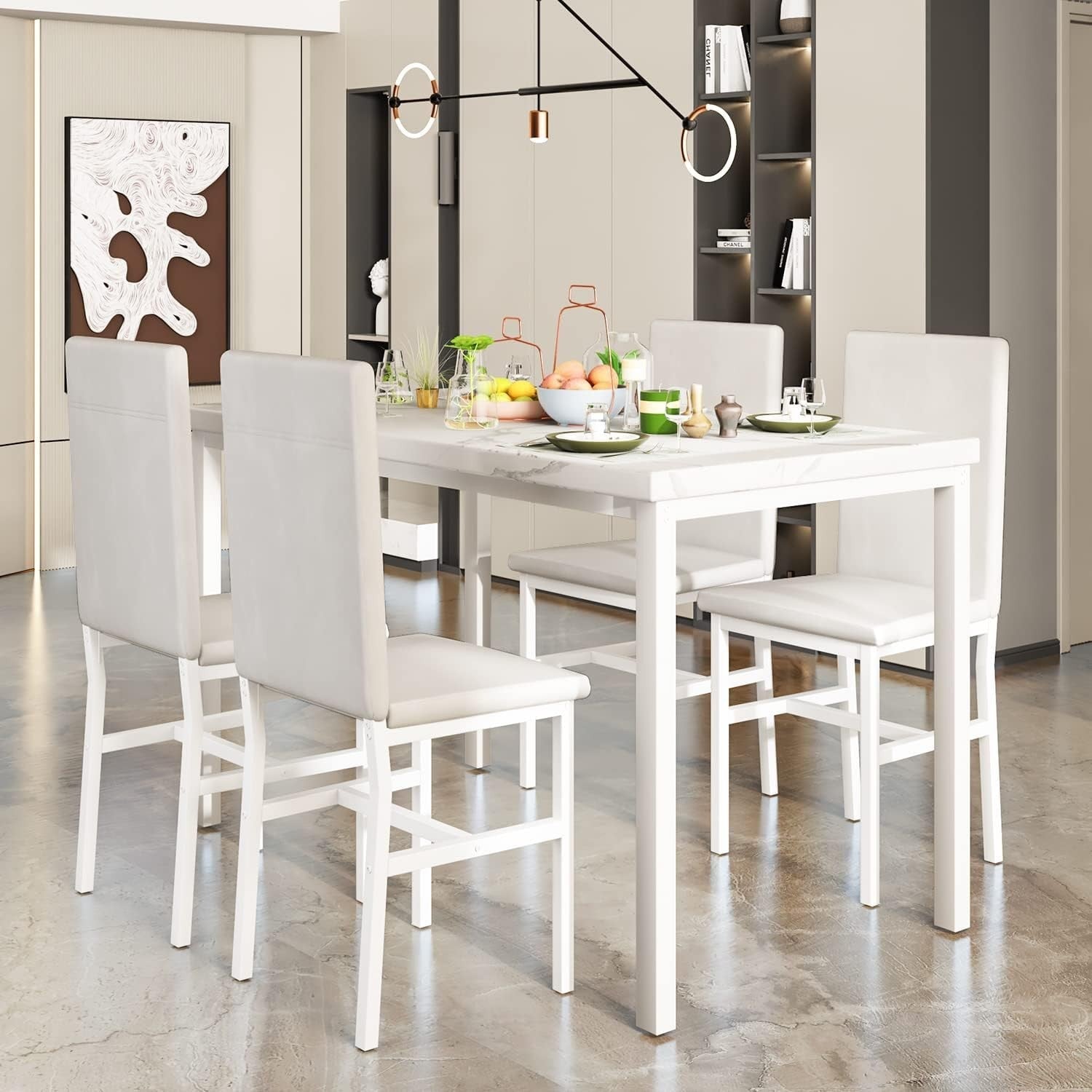 Modern Faux Marble Dining Table Set with 4 PU Leather Chairs - Compact & Stylish