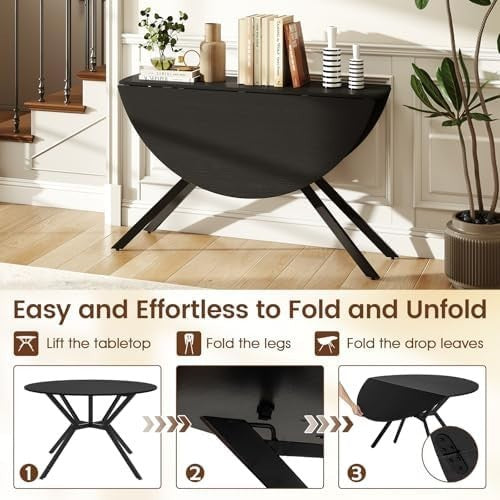 Folding Round Drop Leaf Dining Table 120cm Space Saving Extendable Black