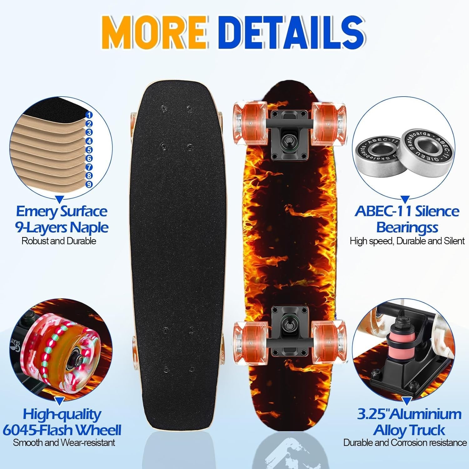 22" Mini Cruiser Skateboard LED Wheels Maple Deck Beginner Youth X-Fire