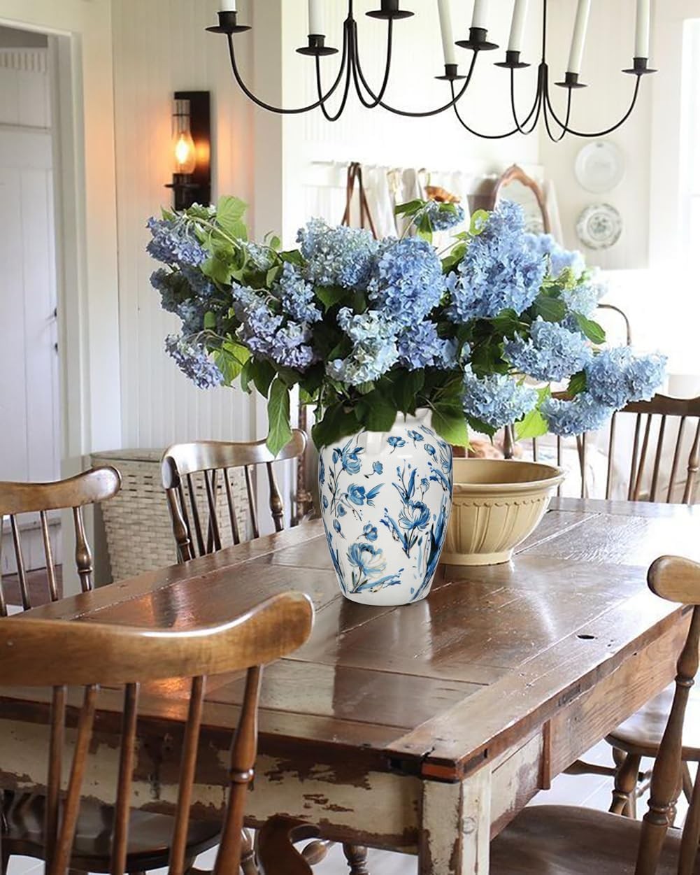 Ceramic Flower Vase Blue White Rustic Farmhouse Decor Table Floor Jar Vase