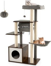 127cm Wooden Cat Tree Tower Condo Hammock Sisal Posts Swing Tunnel Indoor
