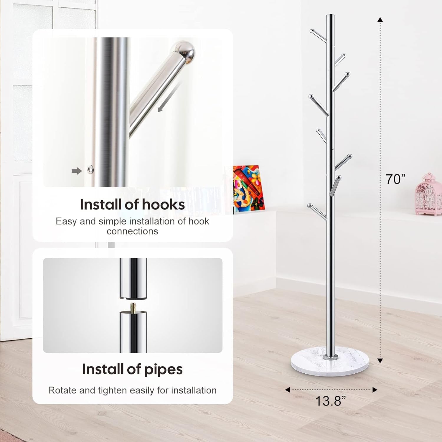Luxury Marble Base Coat Rack Stand | 8 Hook Silver Metal Hall Tree