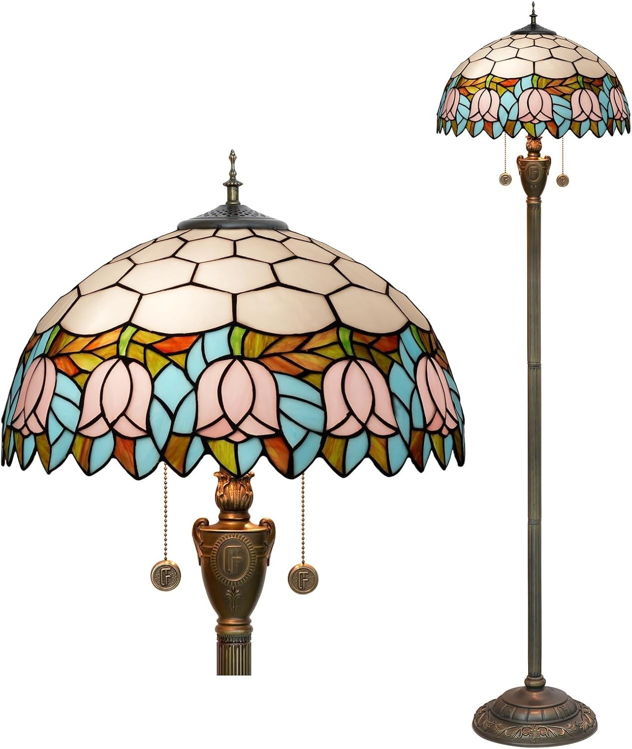 Pink Tulip Stained Glass Floor Lamp with Vintage Bronze Base & Foot Switch