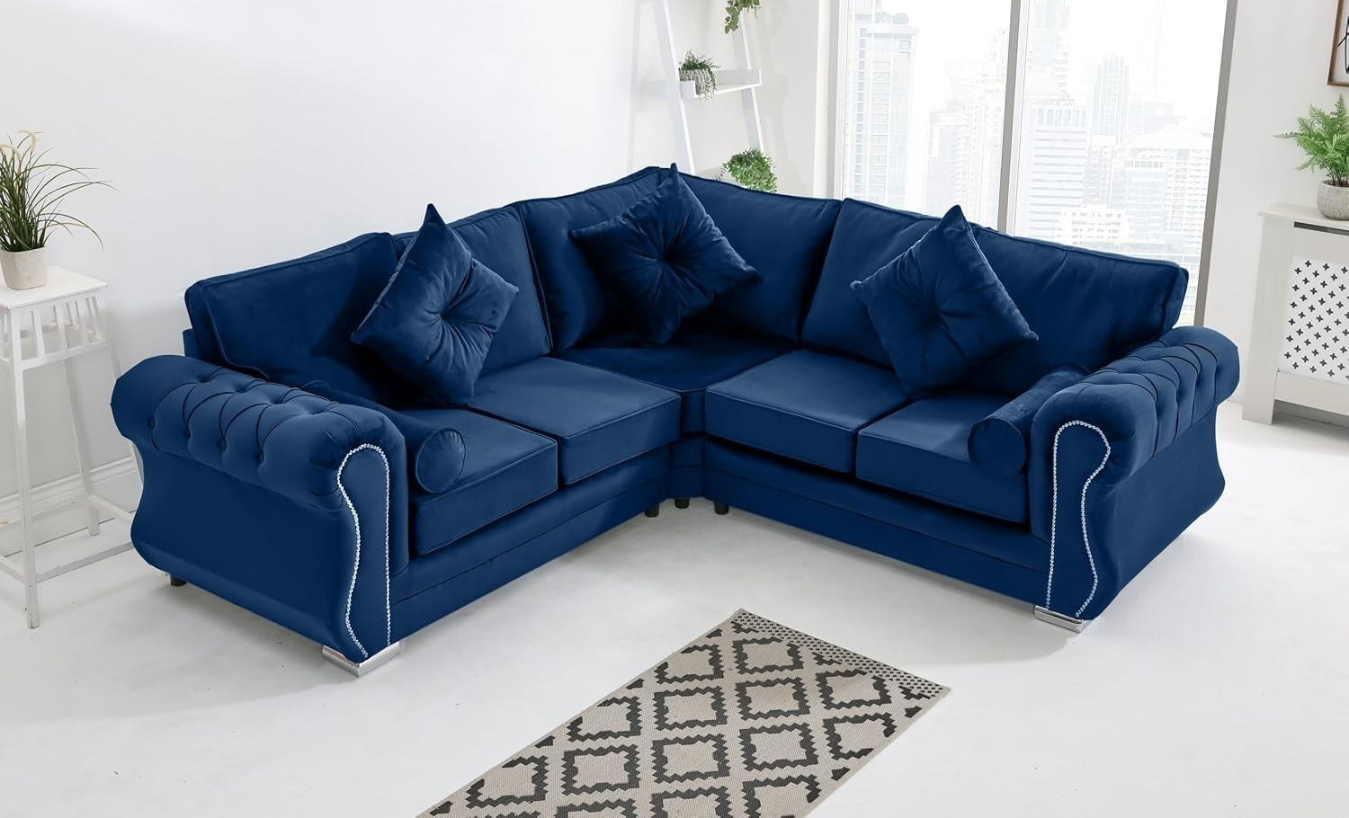 Blue Plush Velvet Corner Sofa 5 Seater with Foam Cushions & Chrome Feet