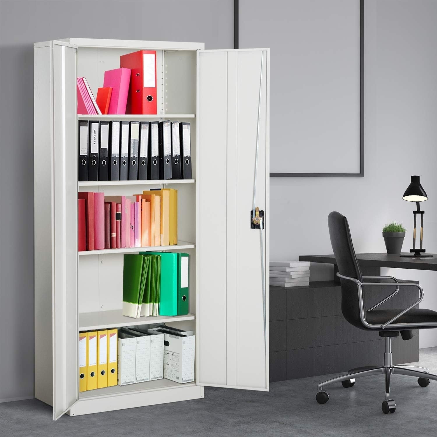 Cream Metal Filing Cabinet 2 Door Lockable Storage with Adjustable Shelf