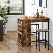 Rustic Brown Bar Table Set with Storage Shelves & 2 Stools Space Saving Home