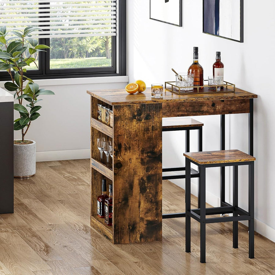 Rustic Brown Bar Table Set with Storage Shelves & 2 Stools Space Saving Home