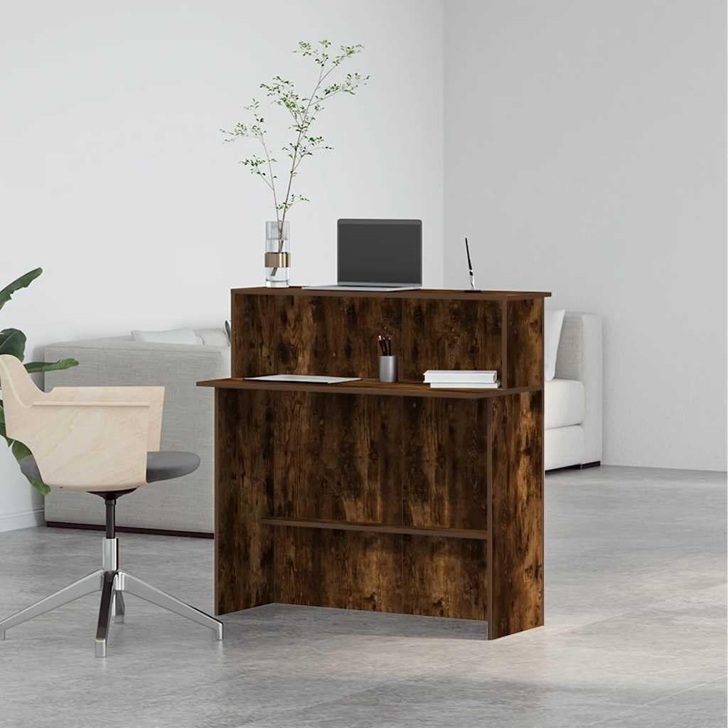 Smoked Oak Reception Desk 100x40x104cm Modern Office Counter with Storage Shelf