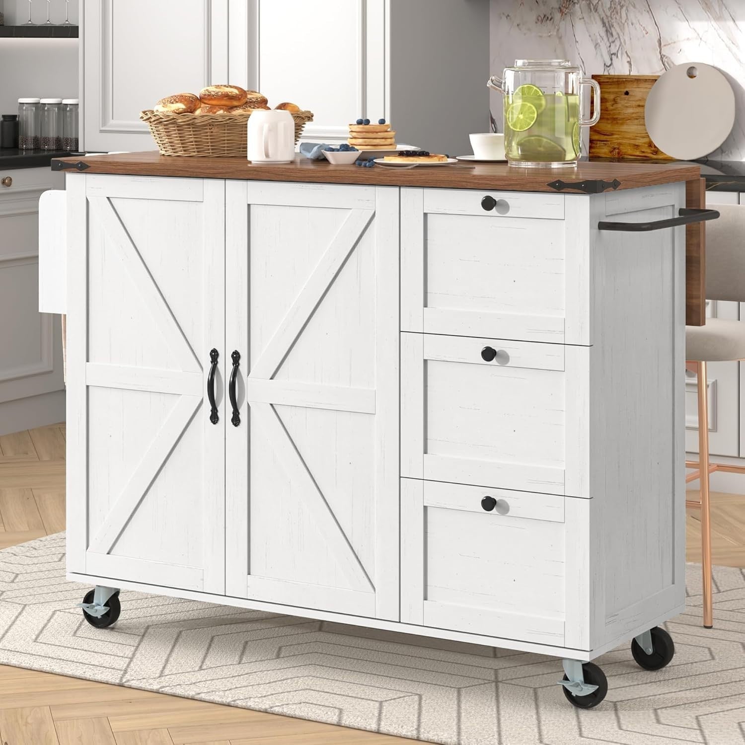 Spacious Kitchen Island Cart with Extendable Worktop, 2 Doors & 3 Drawers