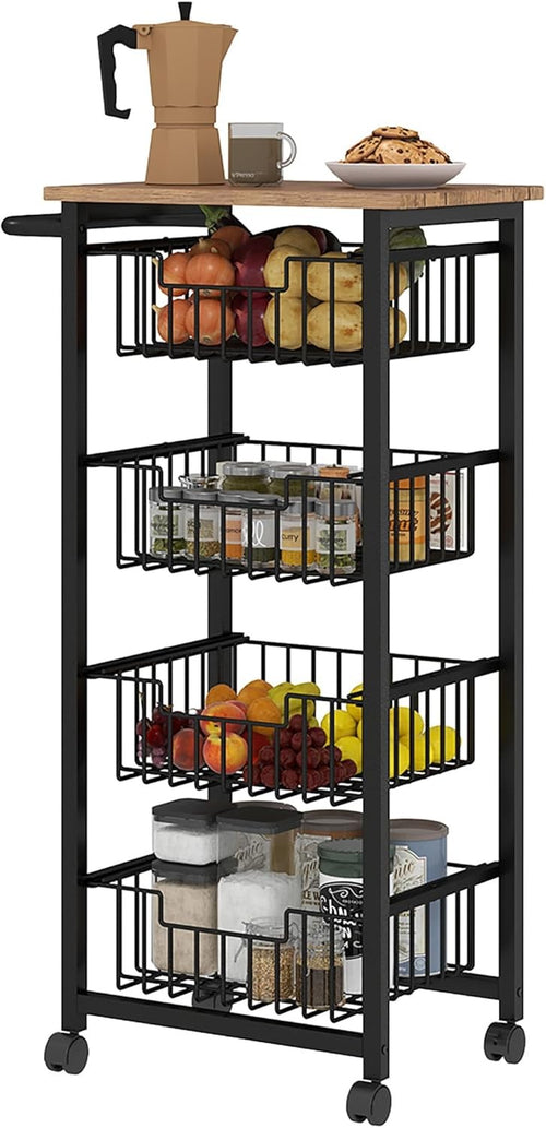 4 Tier Kitchen Storage Trolley with Pull Out Baskets Rolling Utility