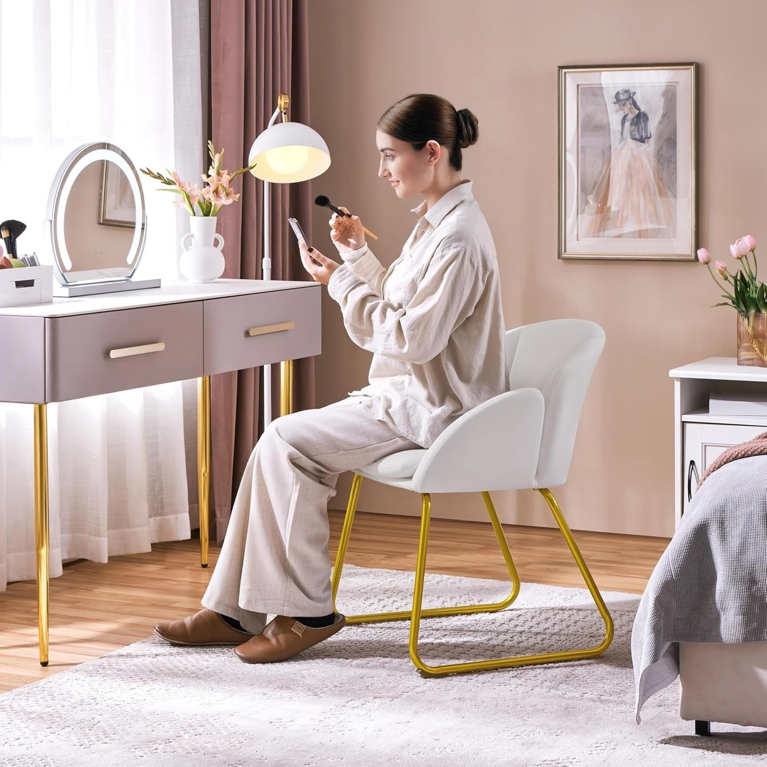 White Velvet Tub Vanity Chair Petal Accent Armchair with Gold Metal Legs