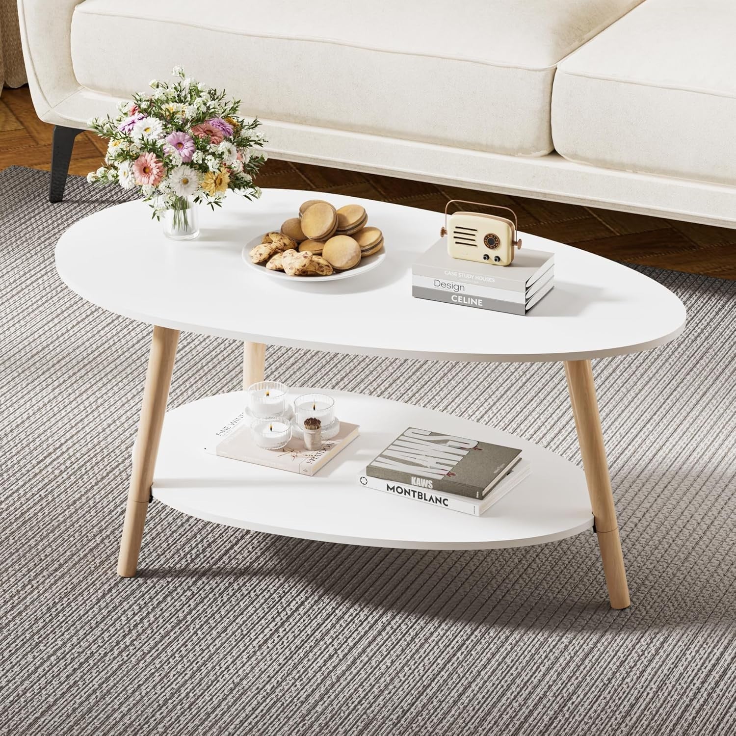 Modern Oval Coffee Table White 2-Tier Storage 90x50cm Small Space Table