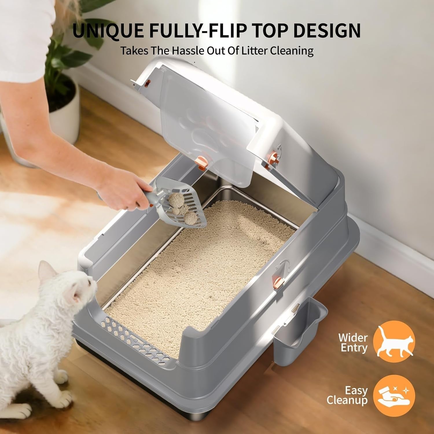 Stainless Steel Cat Litter Box Covered High Sided Odor Control Grey