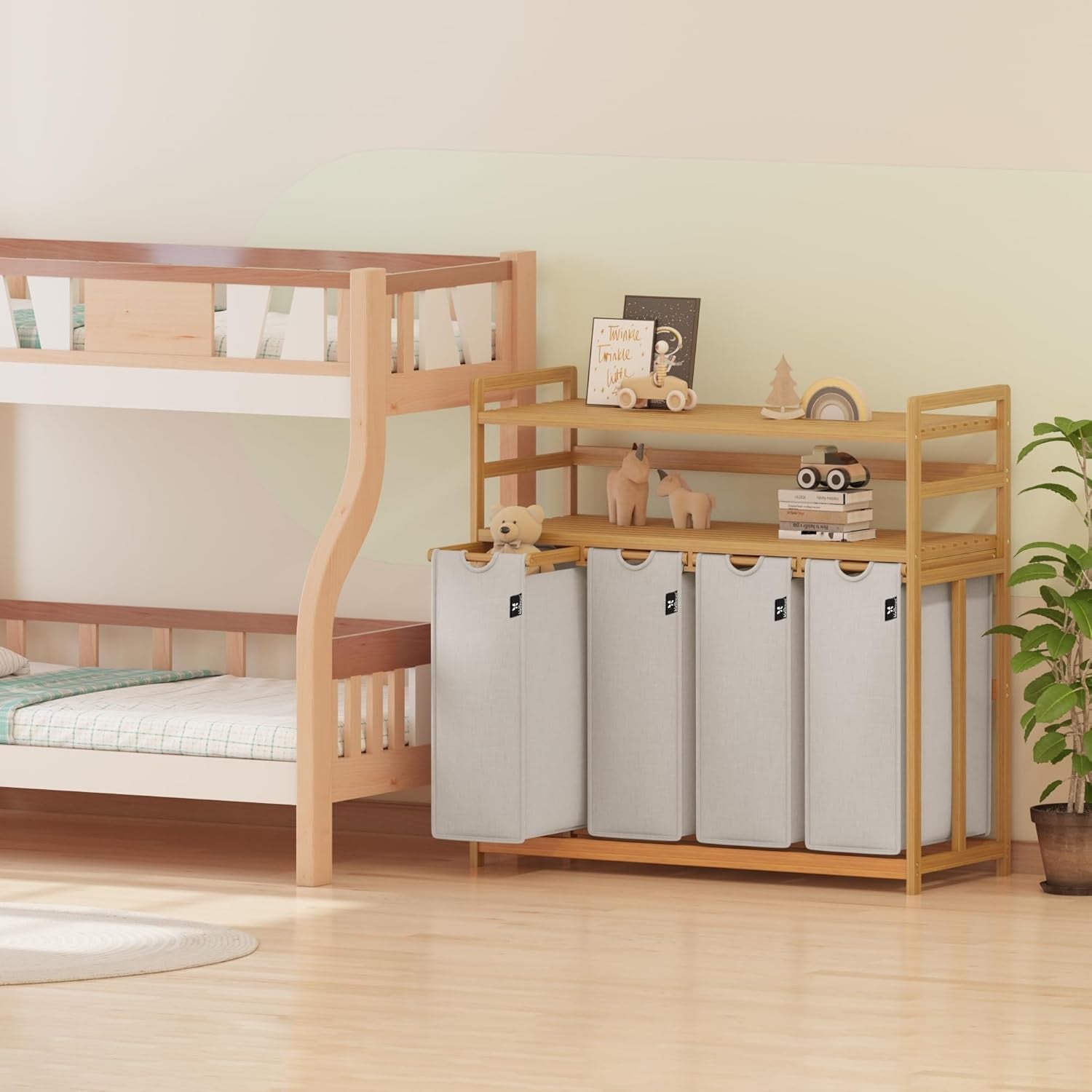 200L 4-Section Laundry Sorter Bamboo Frame With Shelf Removable Bags Grey