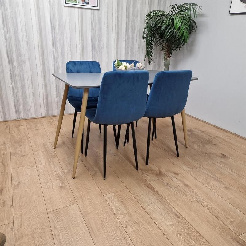 Modern Grey Dining Table Set with 4 Blue Velvet Chairs for Kitchen Home