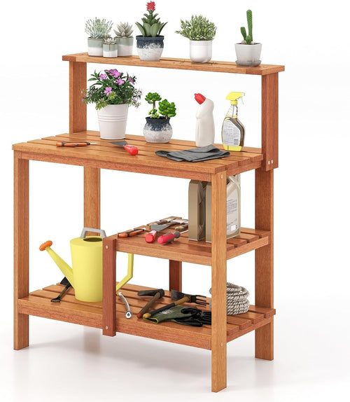 Wooden Garden Potting Table Bench w/ Shelves Teak Oil Finish Outdoor 91x46
