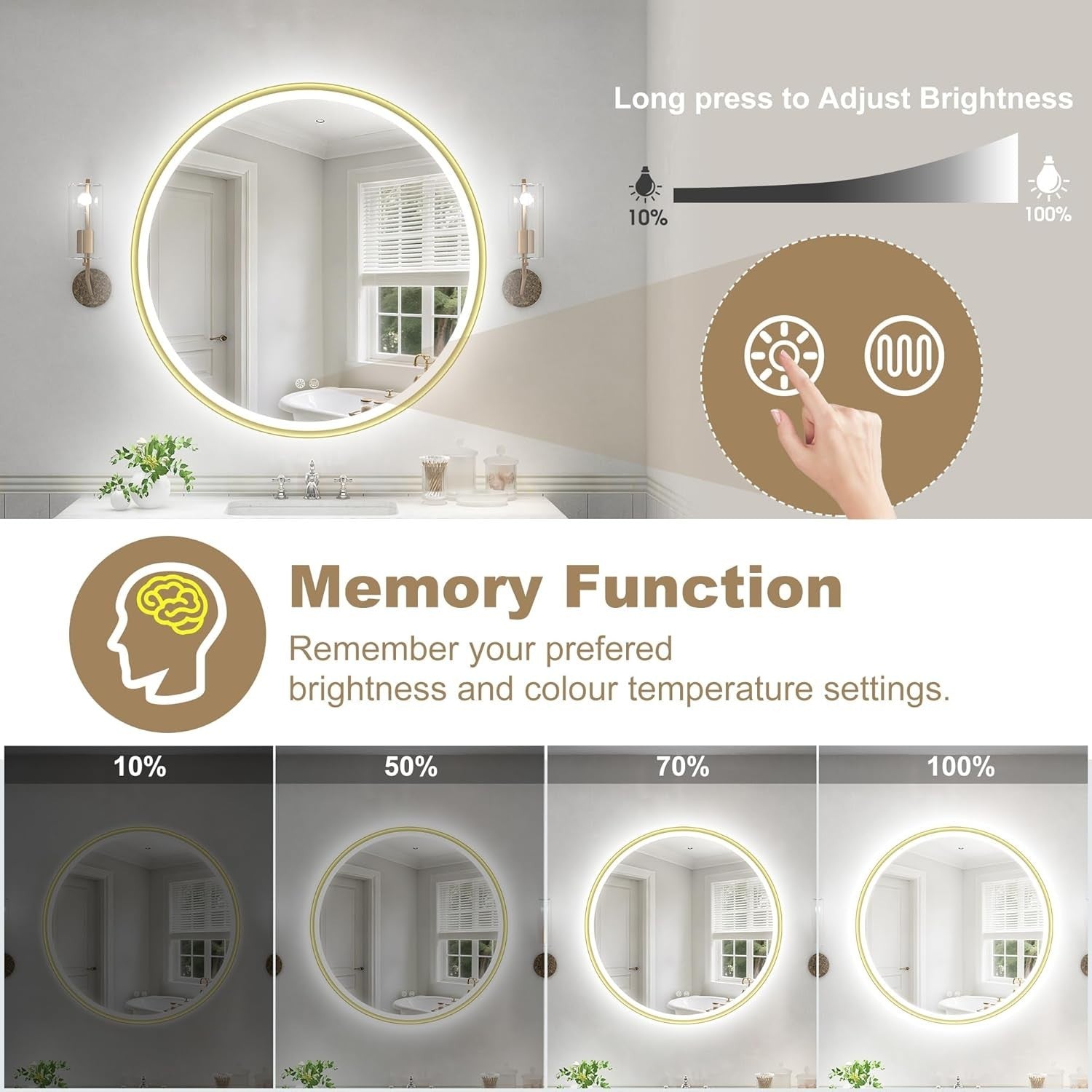LED Bathroom Mirror 80x80cm Anti-Fog Dimmable Gold Frame Waterproof