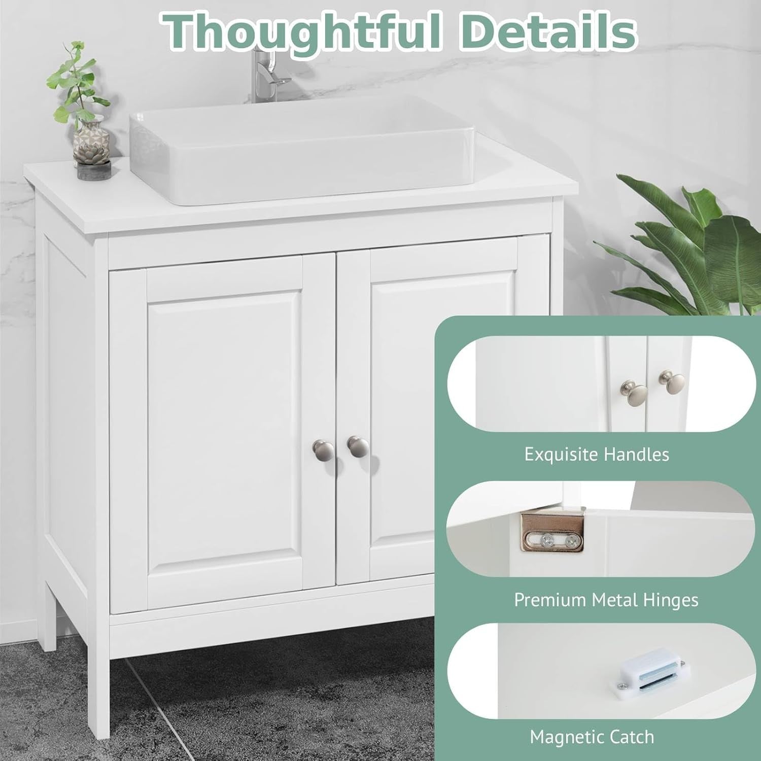 White Under Sink Bathroom Cabinet with Shelf & Long Legs – Freestanding Unit
