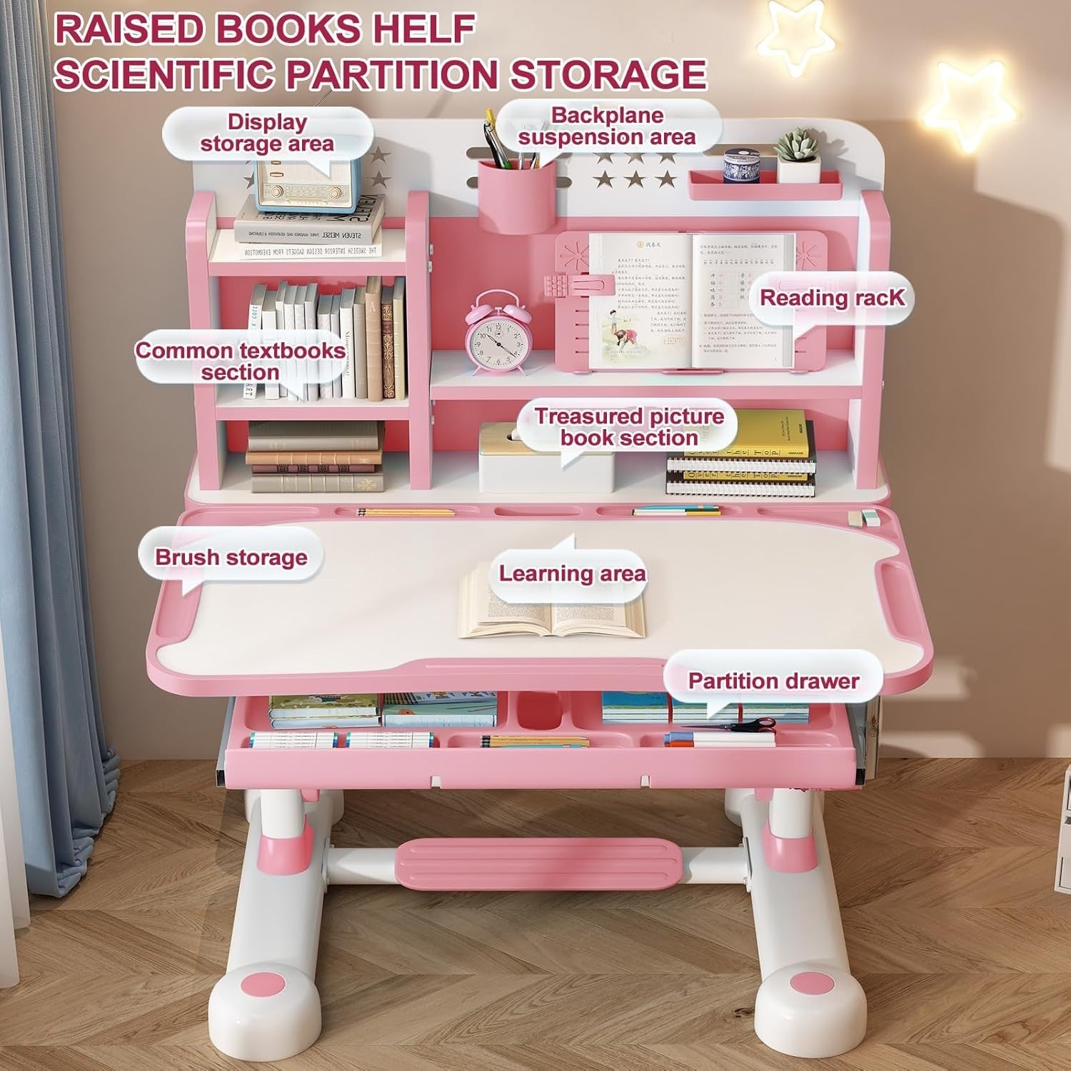Adjustable Kids Desk & Chair Set with Tilt Top & Drawer – Pink Study Table
