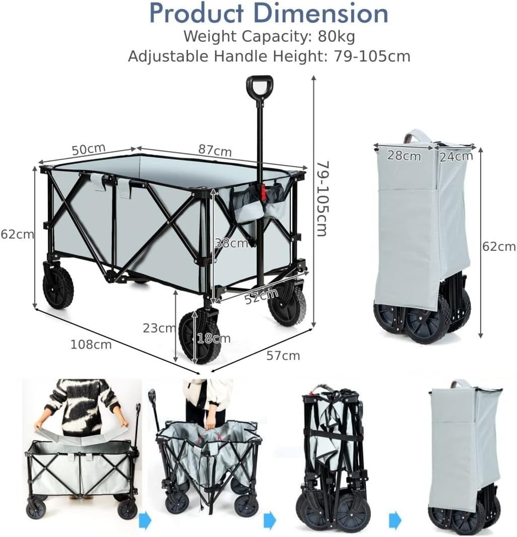 Grey Foldable Wagon Cart Collapsible Garden Trailer w/ Adjustable Handle