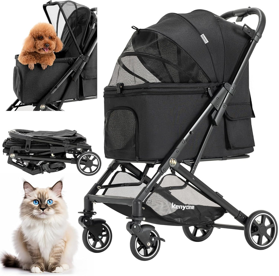 Medium Dog Stroller up to 55lbs No Zip Entry One Click Fold Travel Pram