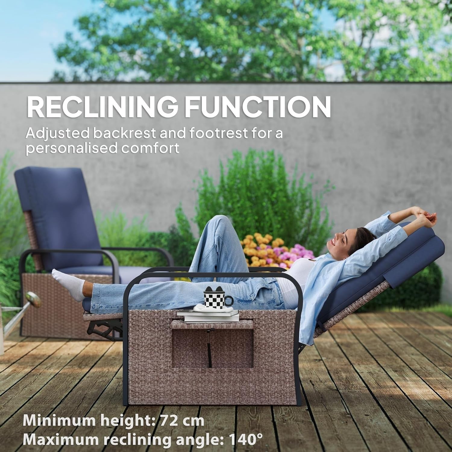 Outdoor Rattan Recliner Chair Adjustable Backrest Footrest Side Table