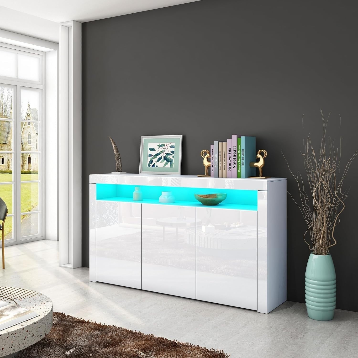 Modern LED Sideboard Cabinet 3 Doors + Open Shelf Storage White 152cm