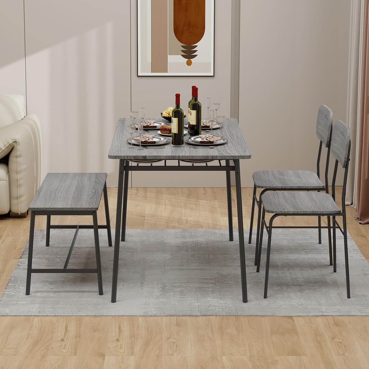 Dining Table Set with Bench & 2 Chairs | Storage Rack | Modern Grey