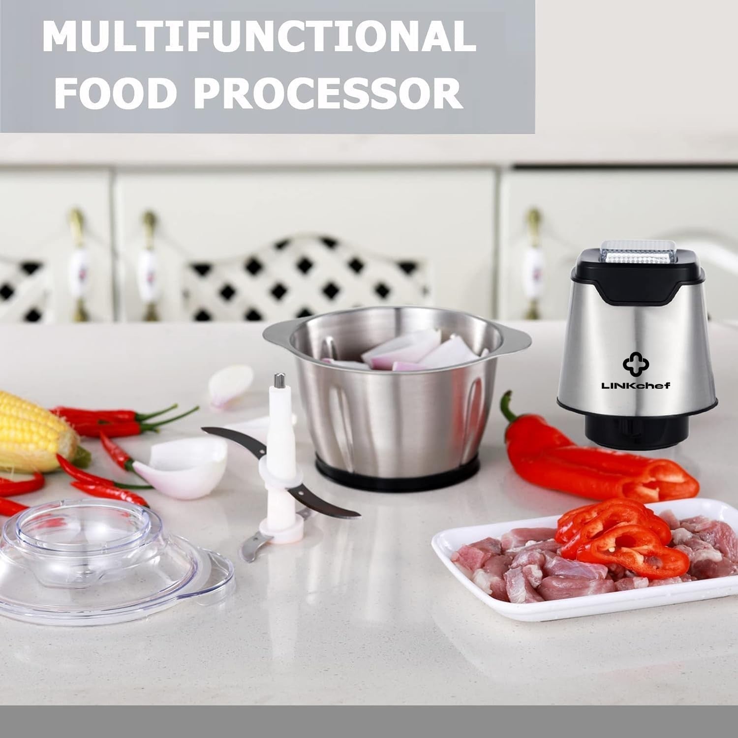 Electric Food Chopper 400W 1.2L Steel Bowl Mini Meat Onion Grinder