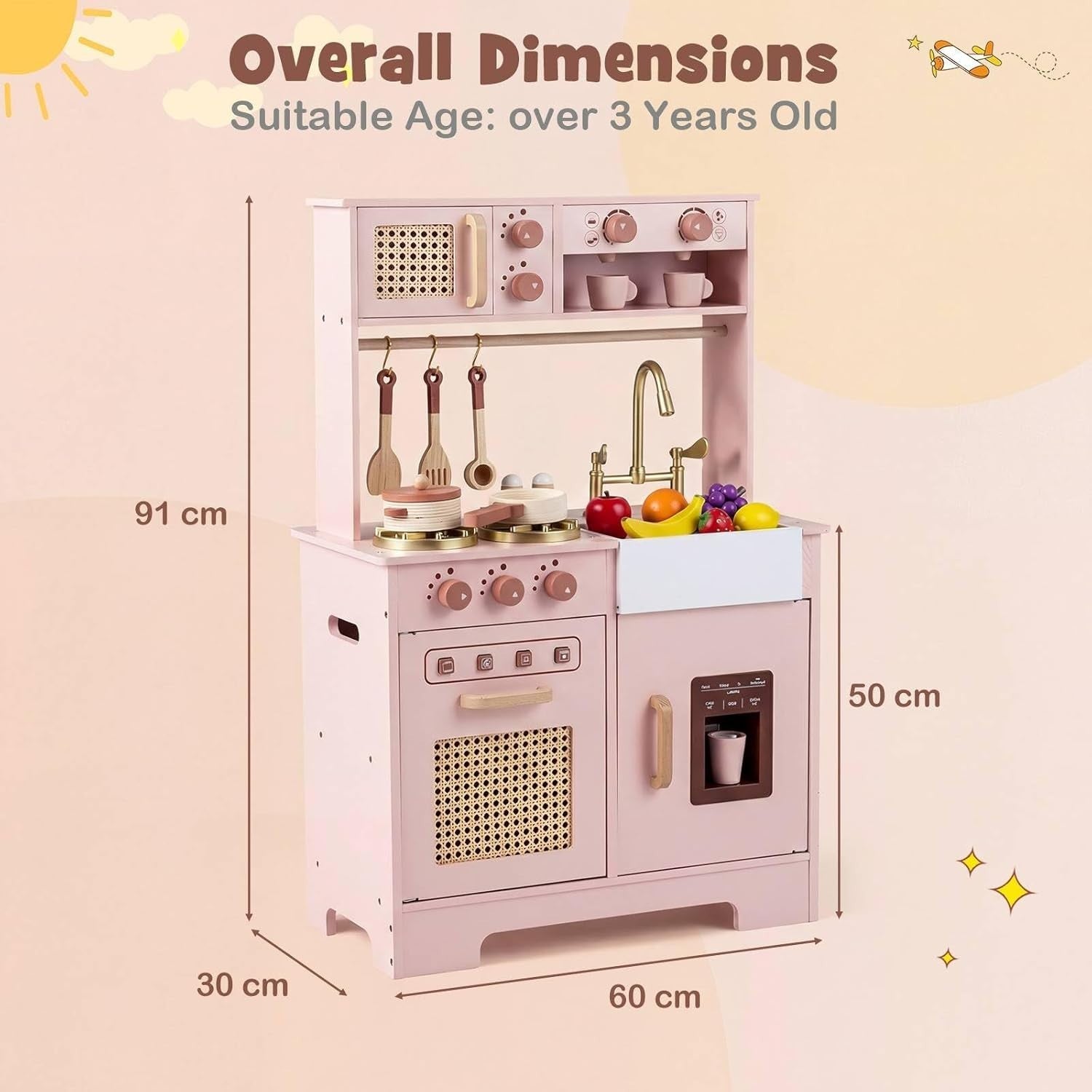 Kids Wooden Play Kitchen w/ Lights Sounds Ice Maker Coffee Pink