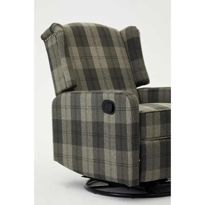 Recliner Armchair Grey Tartan Wingback Chair with Swivel & Footrest Sofa