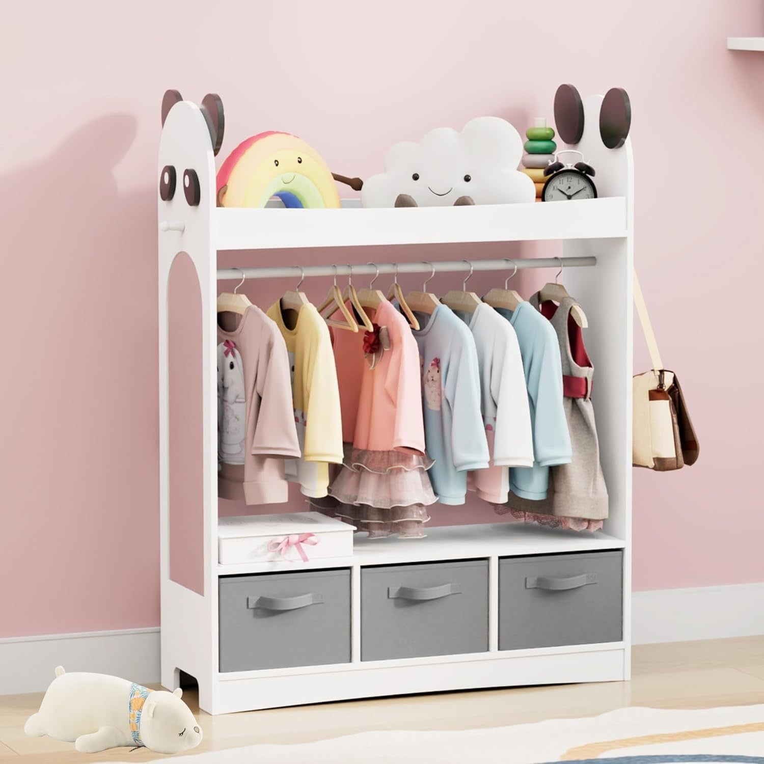 Kids Dress Up Wardrobe with Mirror, Hanging Rail & Drawers for Clothes Storage